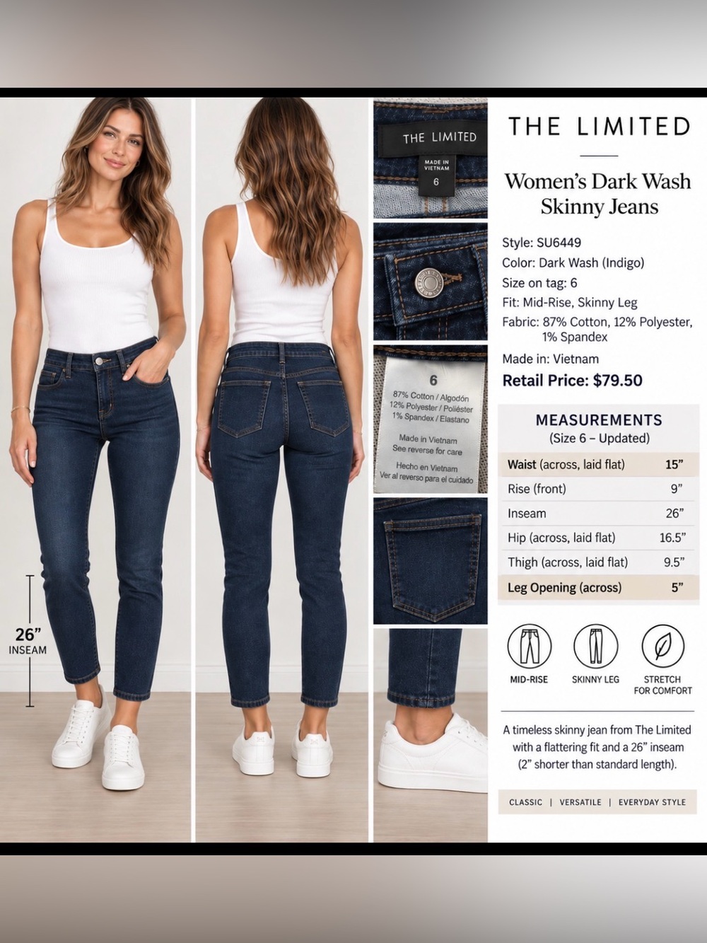 The Limited Women's Indigo Dark Wash Skinny Jeans, Size 6